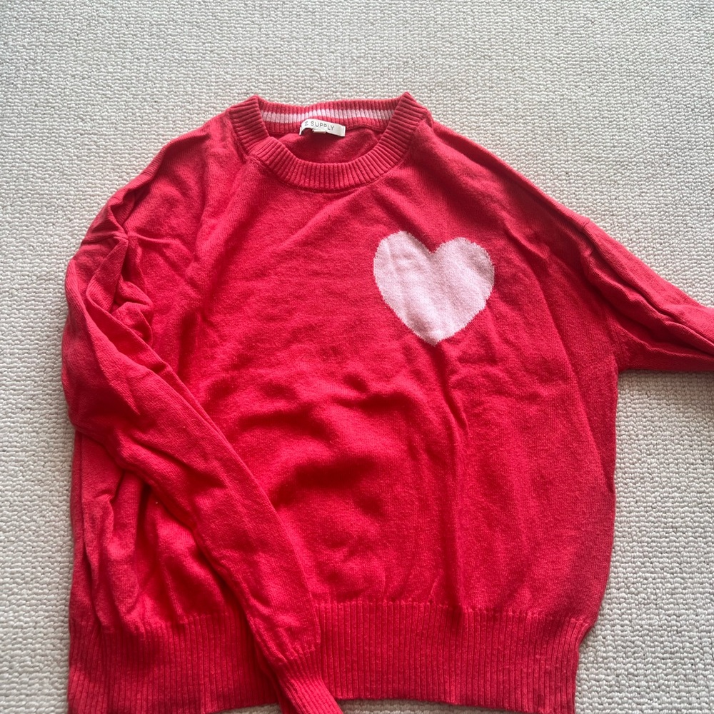 Z Supply Red Crew Neck Sweater with Heart Design